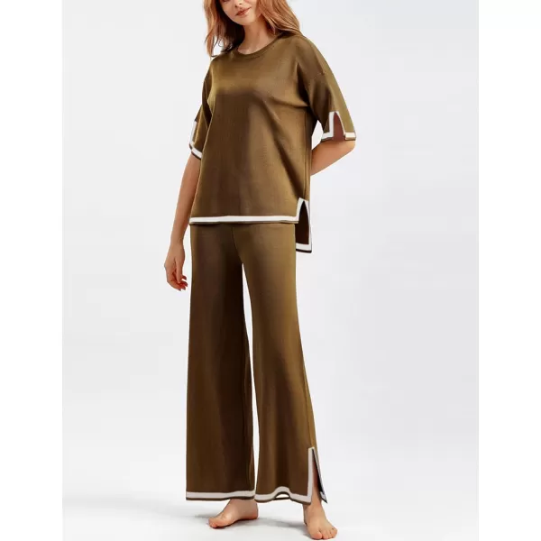 Gihuo Women's Sweater Sets 2 Piece Outfits Knit Lounge Sets Short Sleeve Pullover Tops Wide Leg Pants