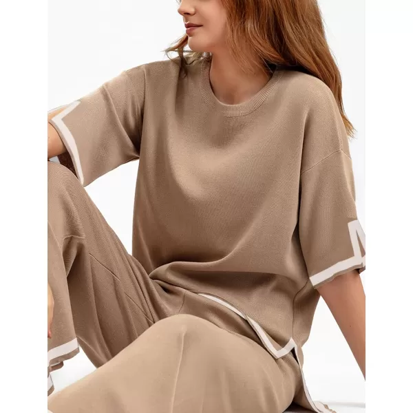 Gihuo Women's Sweater Sets 2 Piece Outfits Knit Lounge Sets Short Sleeve Pullover Tops Wide Leg Pants