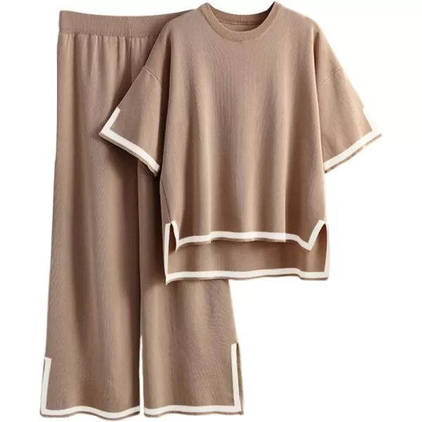 Gihuo Women's Sweater Sets 2 Piece Outfits Knit Lounge Sets Short Sleeve Pullover Tops Wide Leg Pants