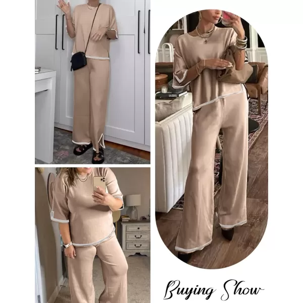 Gihuo Women's Sweater Sets 2 Piece Outfits Knit Lounge Sets Short Sleeve Pullover Tops Wide Leg Pants