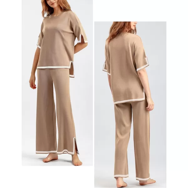 Gihuo Women's Sweater Sets 2 Piece Outfits Knit Lounge Sets Short Sleeve Pullover Tops Wide Leg Pants