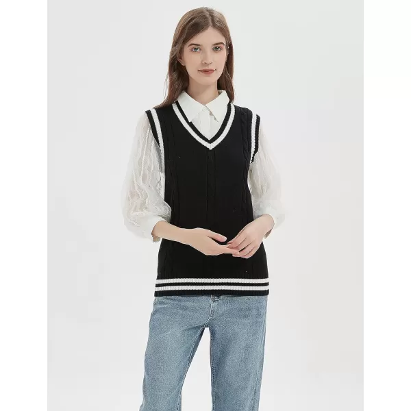 Gihuo Women's V Neck Trendy Sweater Vest Cable Knit Sleeveless Sweater Vest Houndstooth Sweater Vest