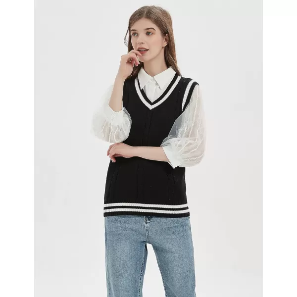 Gihuo Women's V Neck Trendy Sweater Vest Cable Knit Sleeveless Sweater Vest Houndstooth Sweater Vest
