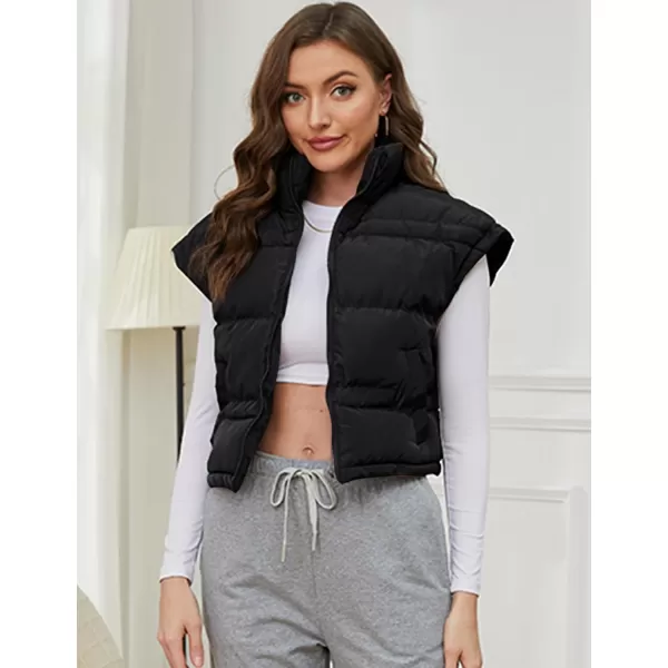 Gihuo Women's Winter Cropped Puffer Vest Zip Up Stand Up Collar Quilted Vest Padded Gilet with Pockets