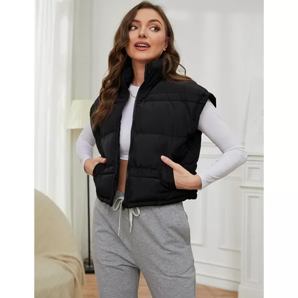 Gihuo Women's Winter Cropped Puffer Vest Zip Up Stand Up Collar Quilted Vest Padded Gilet with Pockets