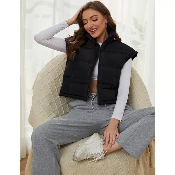 Gihuo Women's Winter Cropped Puffer Vest Zip Up Stand Up Collar Quilted Vest Padded Gilet with Pockets