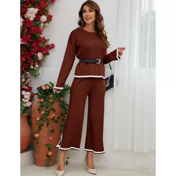 Gihuo Womens 2 Piece Knit Outfit Sweater Set Crewneck Pullover Sweater Lounge Set Elastic Waist Knit Pant Side Slit