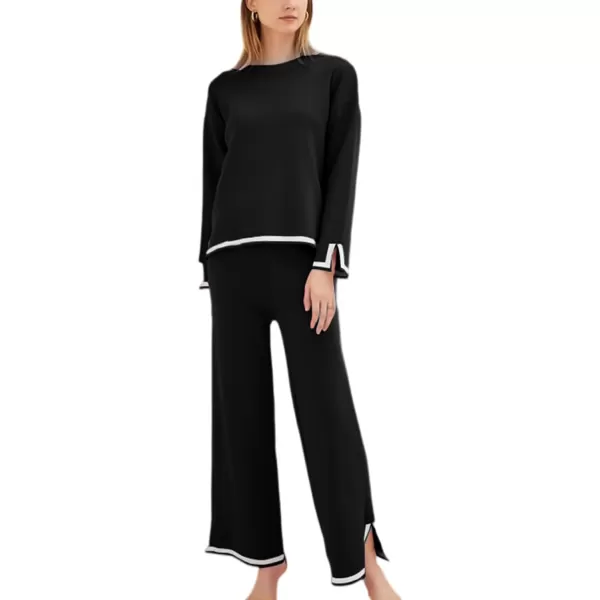 Gihuo Womens 2 Piece Knit Outfit Sweater Set Crewneck Pullover Sweater Lounge Set Elastic Waist Knit Pant Side Slit