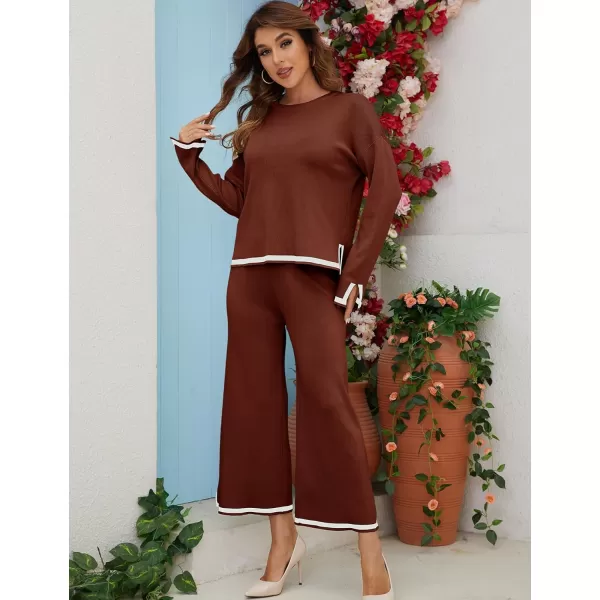Gihuo Womens 2 Piece Knit Outfit Sweater Set Crewneck Pullover Sweater Lounge Set Elastic Waist Knit Pant Side Slit