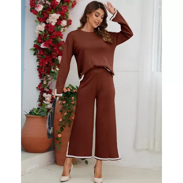 Gihuo Womens 2 Piece Knit Outfit Sweater Set Crewneck Pullover Sweater Lounge Set Elastic Waist Knit Pant Side Slit