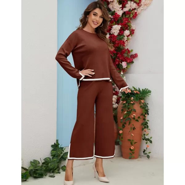 Gihuo Womens 2 Piece Knit Outfit Sweater Set Crewneck Pullover Sweater Lounge Set Elastic Waist Knit Pant Side Slit