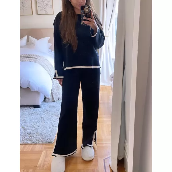 Gihuo Womens 2 Piece Knit Outfit Sweater Set Crewneck Pullover Sweater Lounge Set Elastic Waist Knit Pant Side Slit
