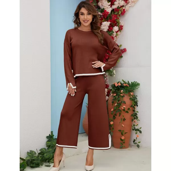 Gihuo Womens 2 Piece Knit Outfit Sweater Set Crewneck Pullover Sweater Lounge Set Elastic Waist Knit Pant Side Slit