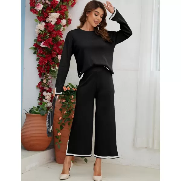 Gihuo Womens 2 Piece Knit Outfit Sweater Set Crewneck Pullover Sweater Lounge Set Elastic Waist Knit Pant Side Slit