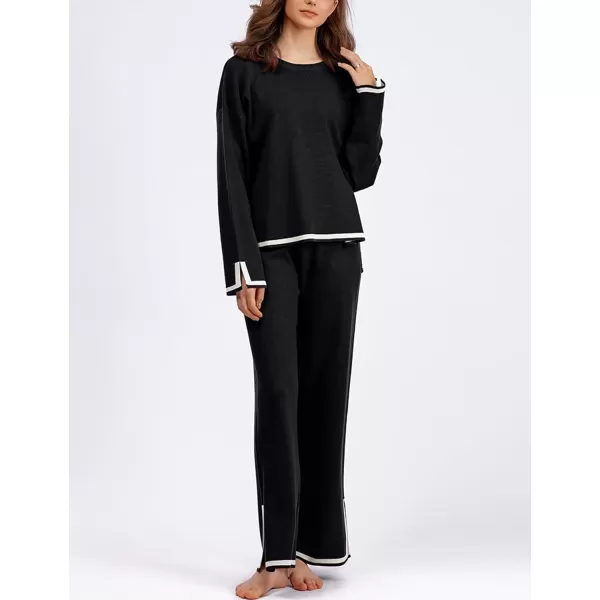 Gihuo Womens 2 Piece Knit Outfit Sweater Set Crewneck Pullover Sweater Lounge Set Elastic Waist Knit Pant Side Slit