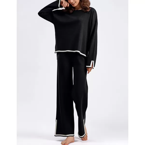 Gihuo Womens 2 Piece Knit Outfit Sweater Set Crewneck Pullover Sweater Lounge Set Elastic Waist Knit Pant Side Slit