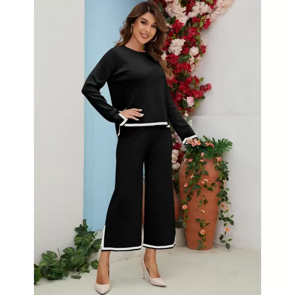 Gihuo Womens 2 Piece Knit Outfit Sweater Set Crewneck Pullover Sweater Lounge Set Elastic Waist Knit Pant Side Slit