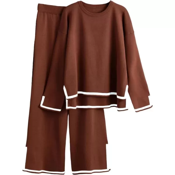 Gihuo Womens 2 Piece Knit Outfit Sweater Set Crewneck Pullover Sweater Lounge Set Elastic Waist Knit Pant Side Slit
