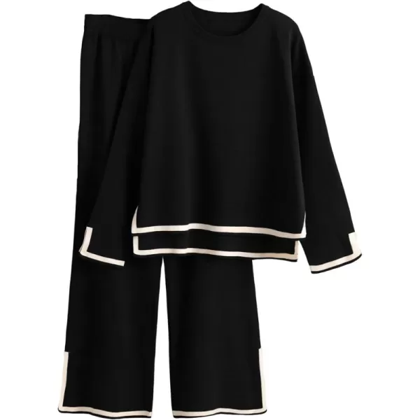 Gihuo Womens 2 Piece Knit Outfit Sweater Set Crewneck Pullover Sweater Lounge Set Elastic Waist Knit Pant Side Slit