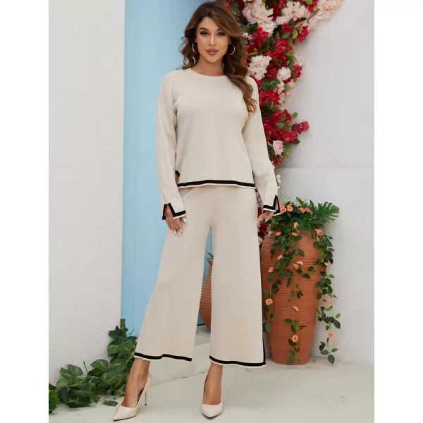 Gihuo Womens 2 Piece Knit Outfit Sweater Set Crewneck Pullover Sweater Lounge Set Elastic Waist Knit Pant Side Slit