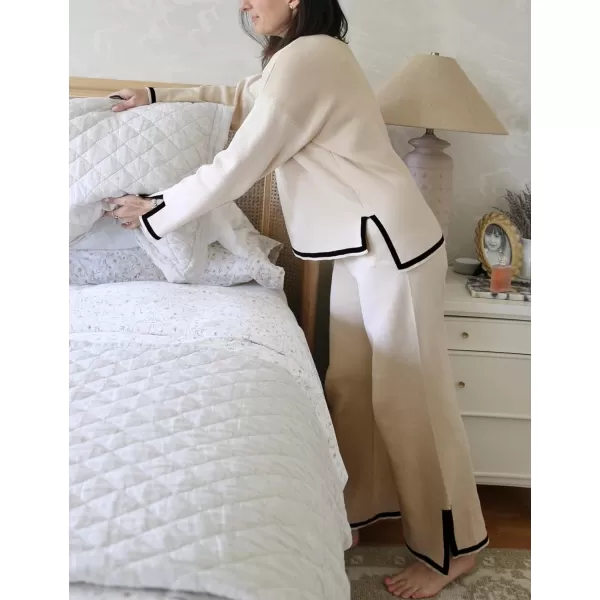 Gihuo Womens 2 Piece Knit Outfit Sweater Set Crewneck Pullover Sweater Lounge Set Elastic Waist Knit Pant Side Slit