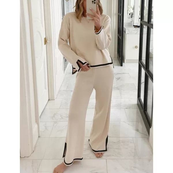 Gihuo Womens 2 Piece Knit Outfit Sweater Set Crewneck Pullover Sweater Lounge Set Elastic Waist Knit Pant Side Slit