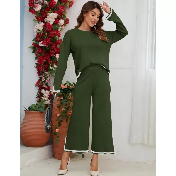 Gihuo Womens 2 Piece Knit Outfit Sweater Set Crewneck Pullover Sweater Lounge Set Elastic Waist Knit Pant Side Slit