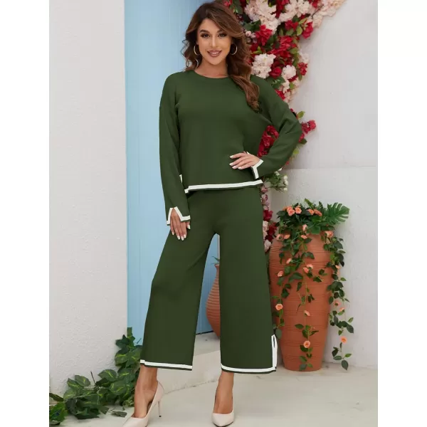Gihuo Womens 2 Piece Knit Outfit Sweater Set Crewneck Pullover Sweater Lounge Set Elastic Waist Knit Pant Side Slit