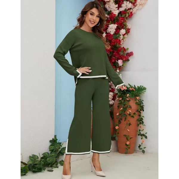 Gihuo Womens 2 Piece Knit Outfit Sweater Set Crewneck Pullover Sweater Lounge Set Elastic Waist Knit Pant Side Slit