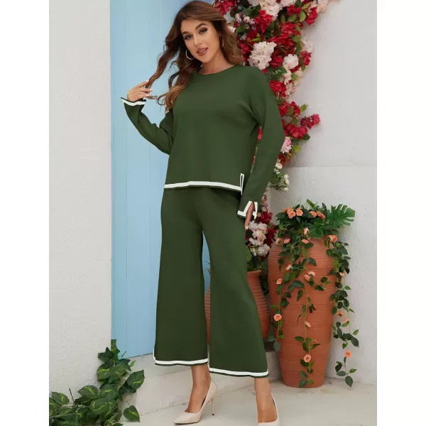 Gihuo Womens 2 Piece Knit Outfit Sweater Set Crewneck Pullover Sweater Lounge Set Elastic Waist Knit Pant Side Slit
