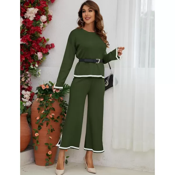 Gihuo Womens 2 Piece Knit Outfit Sweater Set Crewneck Pullover Sweater Lounge Set Elastic Waist Knit Pant Side Slit