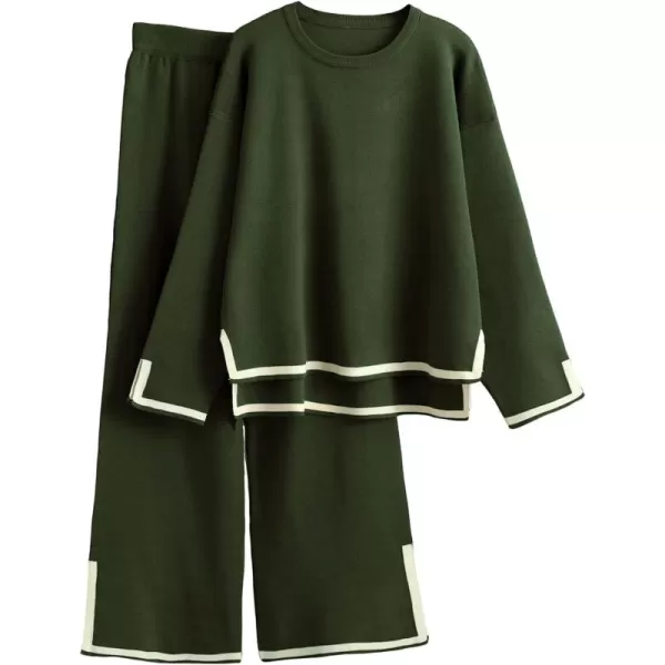 Gihuo Womens 2 Piece Knit Outfit Sweater Set Crewneck Pullover Sweater Lounge Set Elastic Waist Knit Pant Side Slit