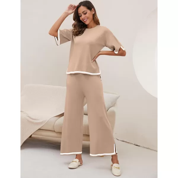 Gihuo Women Sweater Sets 2 Piece Outfits Knit Lounge Sets Short Sleeve Tops Wide Leg Pants Matching Travel Tracksuit
