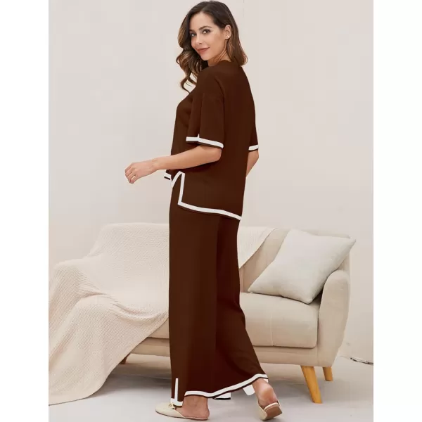 Gihuo Women Sweater Sets 2 Piece Outfits Knit Lounge Sets Short Sleeve Tops Wide Leg Pants Matching Travel Tracksuit