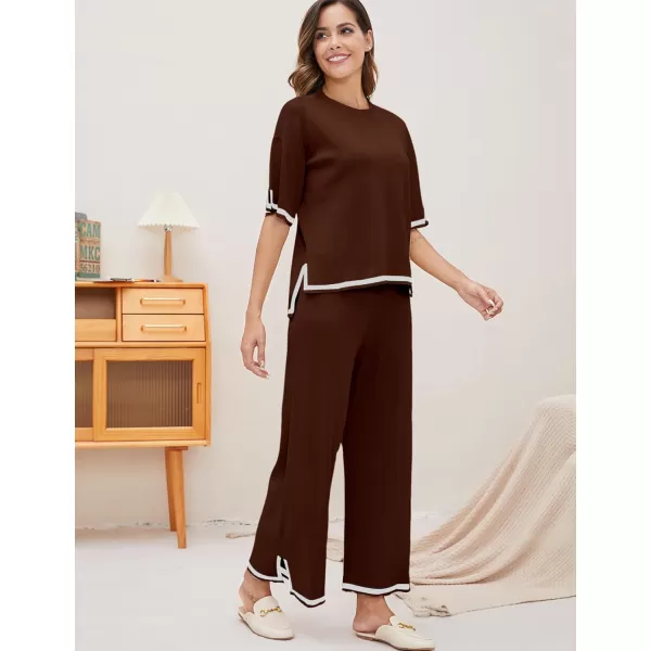 Gihuo Women Sweater Sets 2 Piece Outfits Knit Lounge Sets Short Sleeve Tops Wide Leg Pants Matching Travel Tracksuit