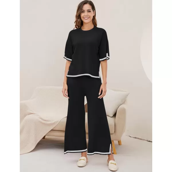 Gihuo Women Sweater Sets 2 Piece Outfits Knit Lounge Sets Short Sleeve Tops Wide Leg Pants Matching Travel Tracksuit