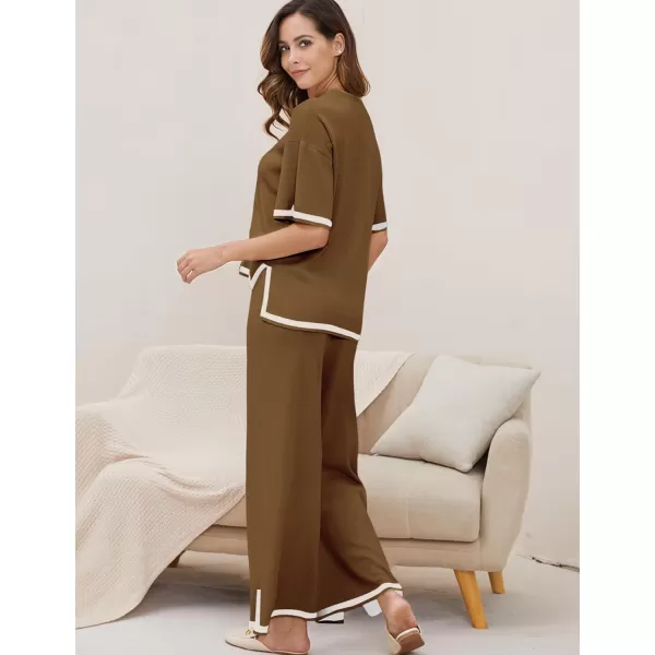Gihuo Women Sweater Sets 2 Piece Outfits Knit Lounge Sets Short Sleeve Tops Wide Leg Pants Matching Travel Tracksuit