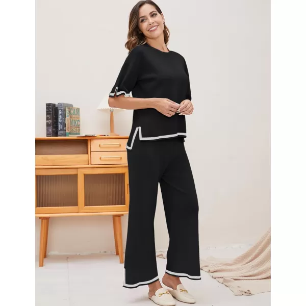 Gihuo Women Sweater Sets 2 Piece Outfits Knit Lounge Sets Short Sleeve Tops Wide Leg Pants Matching Travel Tracksuit
