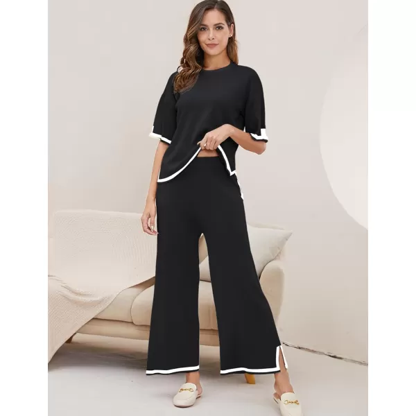 Gihuo Women Sweater Sets 2 Piece Outfits Knit Lounge Sets Short Sleeve Tops Wide Leg Pants Matching Travel Tracksuit