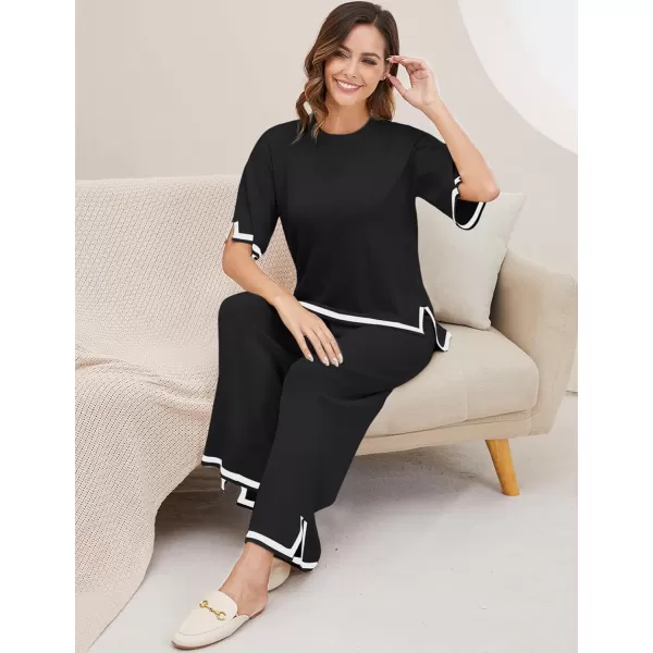 Gihuo Women Sweater Sets 2 Piece Outfits Knit Lounge Sets Short Sleeve Tops Wide Leg Pants Matching Travel Tracksuit