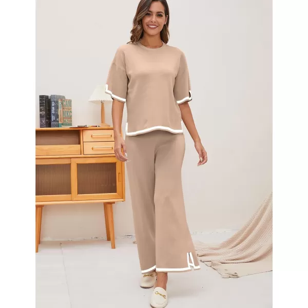 Gihuo Women Sweater Sets 2 Piece Outfits Knit Lounge Sets Short Sleeve Tops Wide Leg Pants Matching Travel Tracksuit