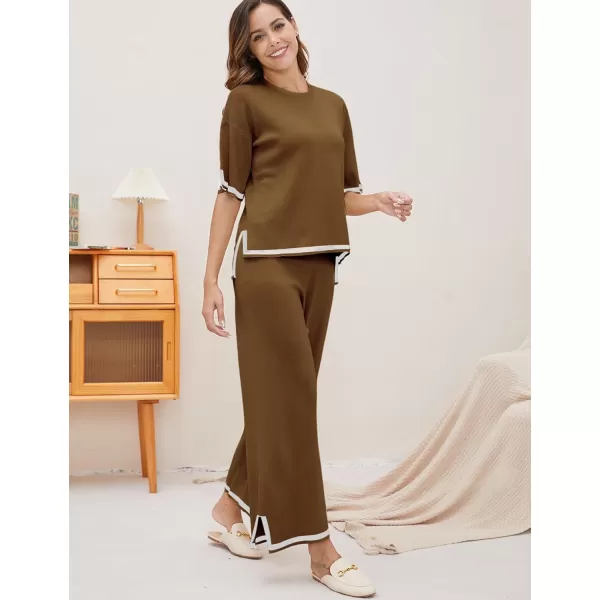 Gihuo Women Sweater Sets 2 Piece Outfits Knit Lounge Sets Short Sleeve Tops Wide Leg Pants Matching Travel Tracksuit