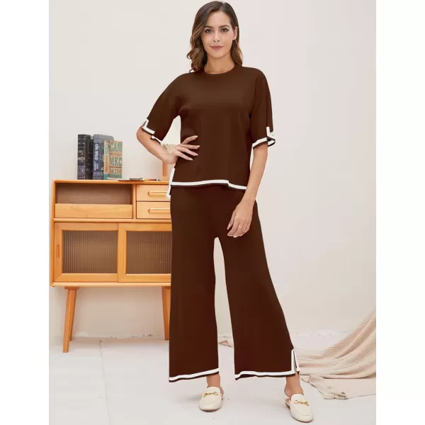 Gihuo Women Sweater Sets 2 Piece Outfits Knit Lounge Sets Short Sleeve Tops Wide Leg Pants Matching Travel Tracksuit