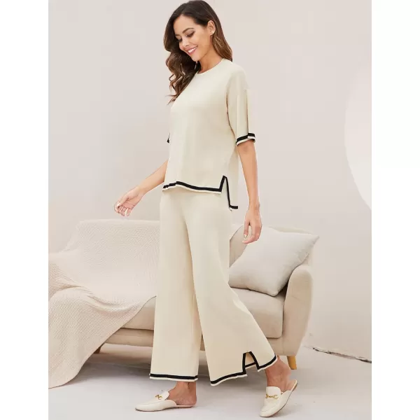 Gihuo Women Sweater Sets 2 Piece Outfits Knit Lounge Sets Short Sleeve Tops Wide Leg Pants Matching Travel Tracksuit