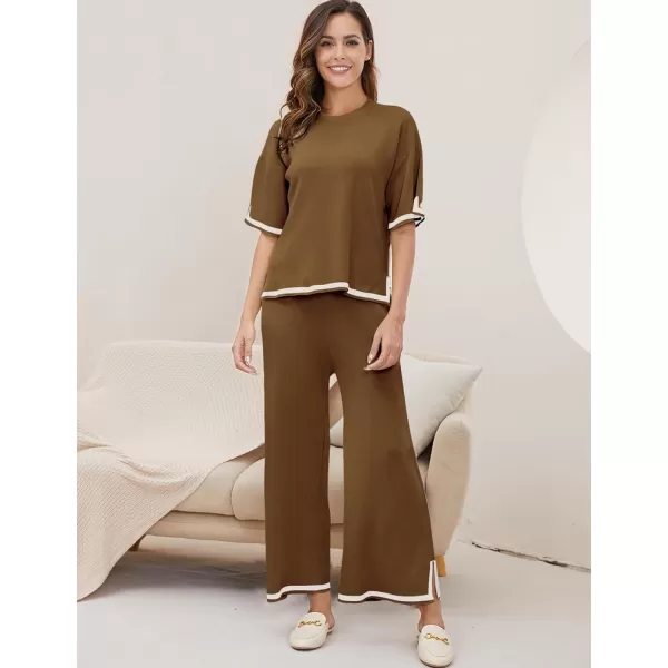 Gihuo Women Sweater Sets 2 Piece Outfits Knit Lounge Sets Short Sleeve Tops Wide Leg Pants Matching Travel Tracksuit