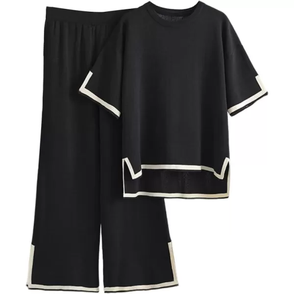 Gihuo Women Sweater Sets 2 Piece Outfits Knit Lounge Sets Short Sleeve Tops Wide Leg Pants Matching Travel Tracksuit