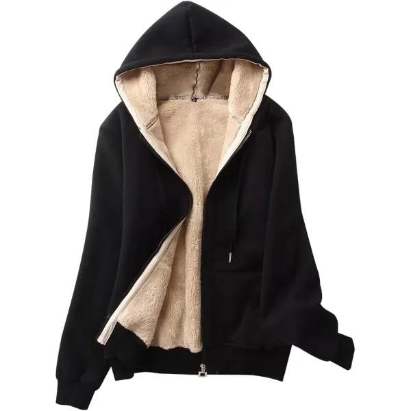imageGihuo Womens Sherpa Lined Hooded Sweatshirt Zip Up Winter Warm Hoodie Comfy Hooded Fleece JacketBlack