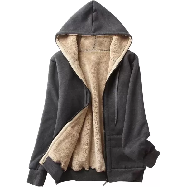 imageGihuo Womens Sherpa Lined Hooded Sweatshirt Zip Up Winter Warm Hoodie Comfy Hooded Fleece JacketDark Grey