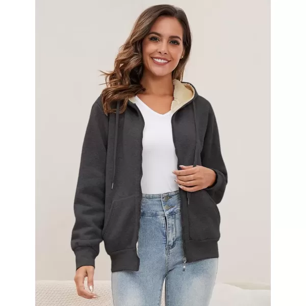 imageGihuo Womens Sherpa Lined Hooded Sweatshirt Zip Up Winter Warm Hoodie Comfy Hooded Fleece JacketDark Grey