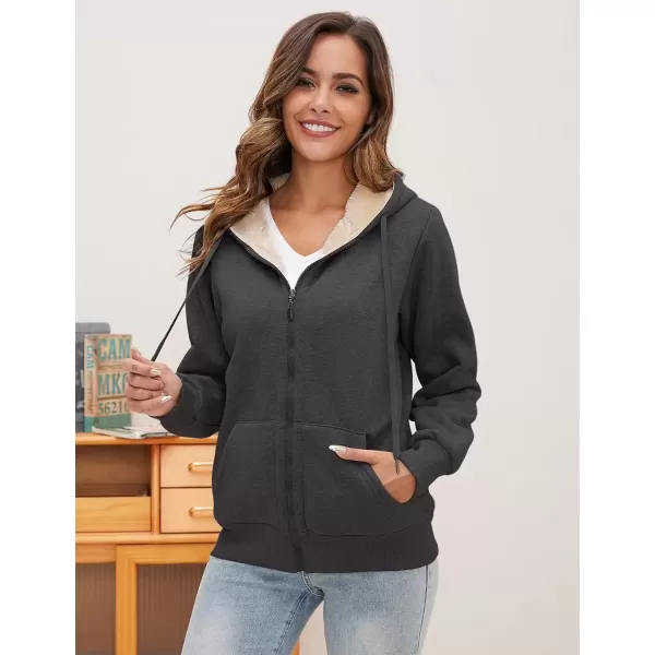 imageGihuo Womens Sherpa Lined Hooded Sweatshirt Zip Up Winter Warm Hoodie Comfy Hooded Fleece JacketDark Grey